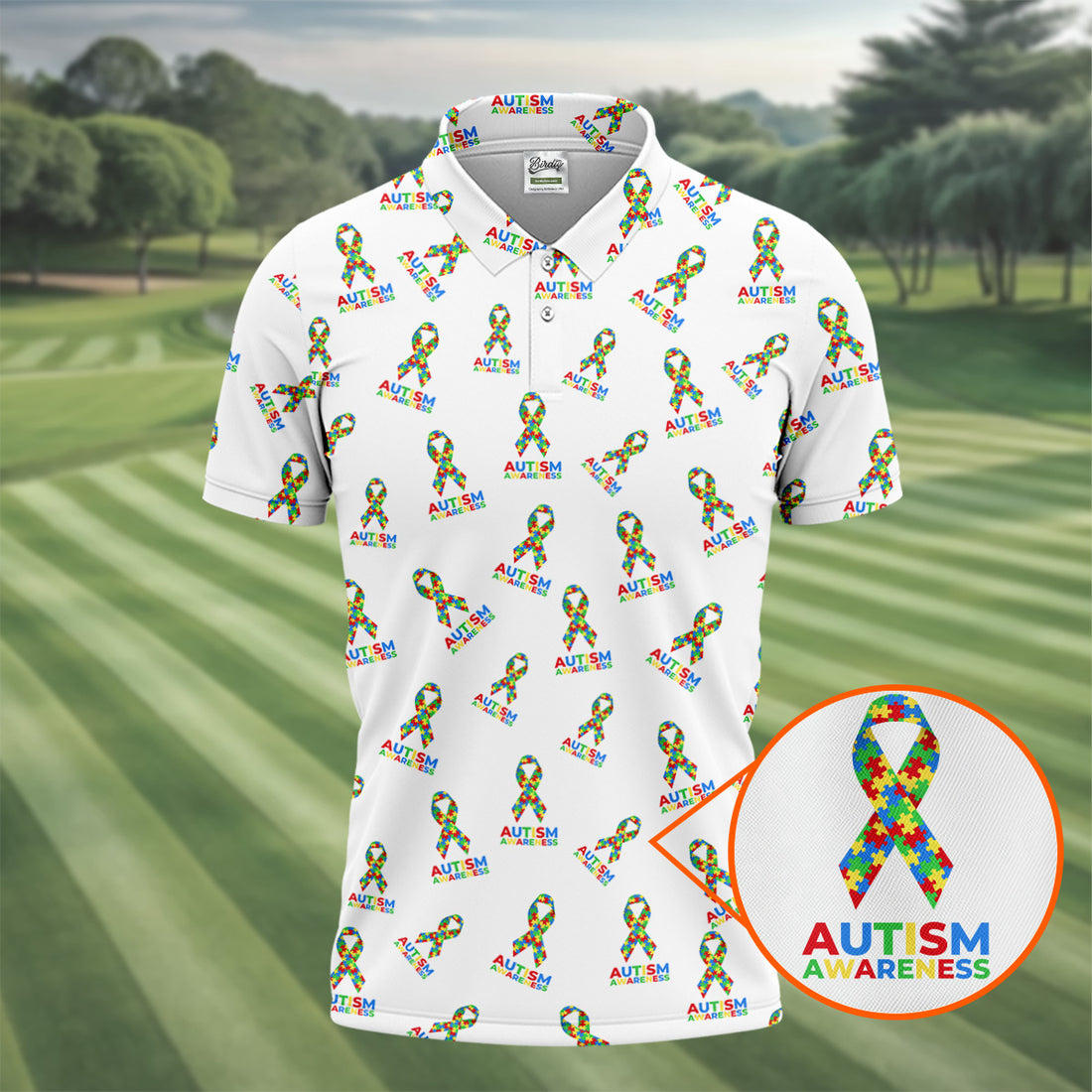 Autism Awareness Colors Autism Ribbon White Golf Shirt, Golf Tops For Men, Golf Shirts For Men