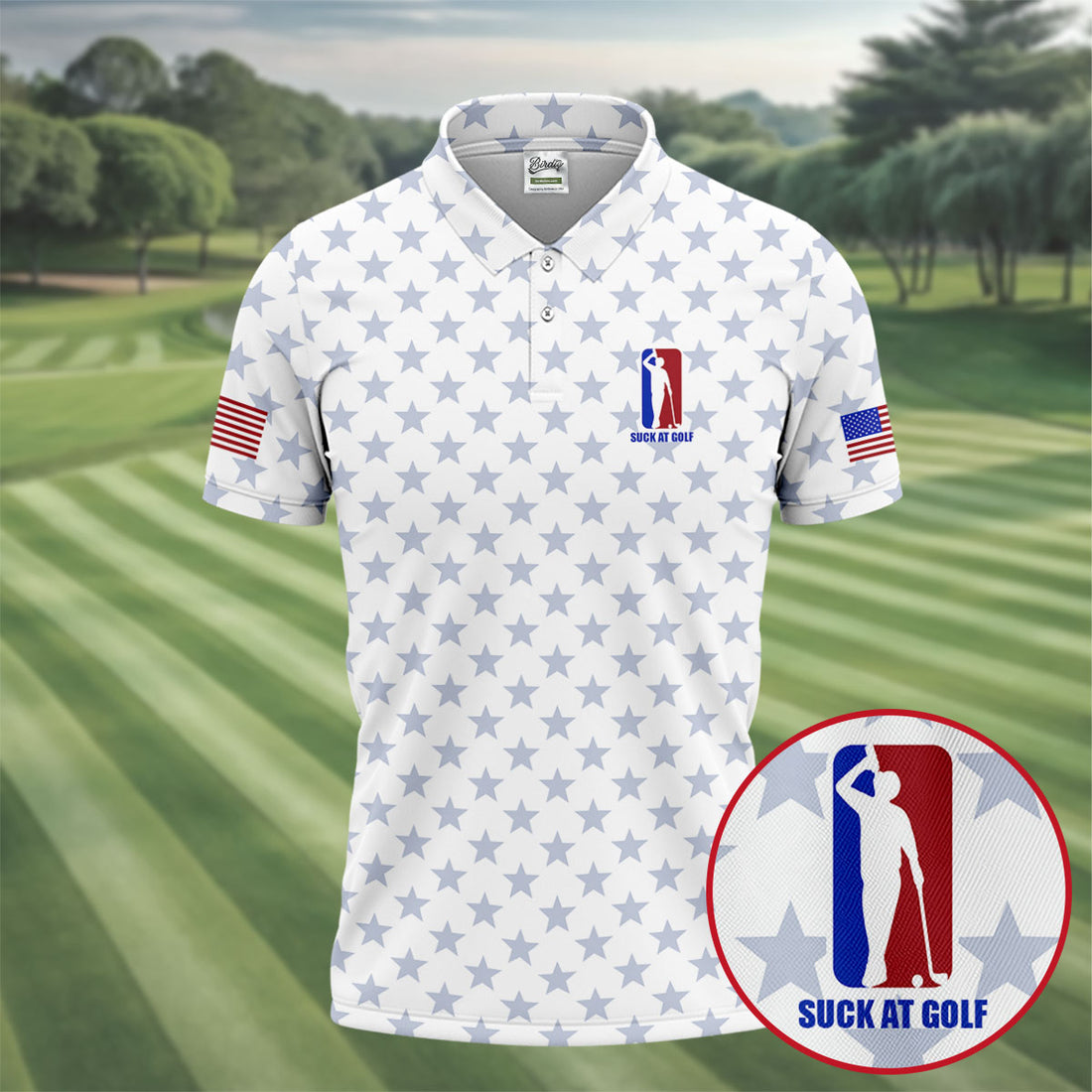 Suck At Golf Patriotic 4th Of July Stars Pattern White Golf Shirt, 250th Anniversary Golf Shirts For Men