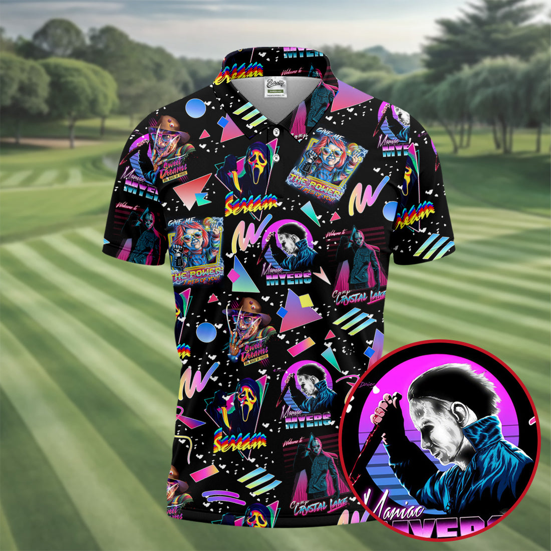 Retro Neon Horror Character Halloween Golf Shirt, Mens Golf Apparel, Hawaiian Golf Shirt
