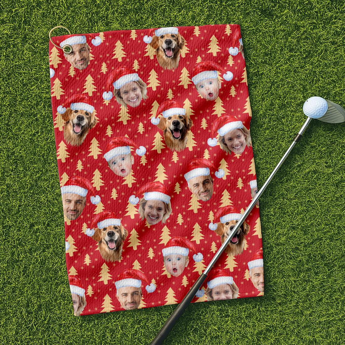 Custom Face Golden Pine Tree Red Golf Towels, Christmas Golf Gift, Custom Golf Accessories