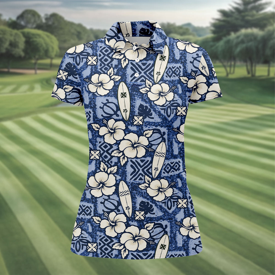 Blue Hawaiian Surfboard Hibiscus Golf Shirt, Women's Golf Shirt, Hawaiian Golf Shirt, Golf Polo For Women