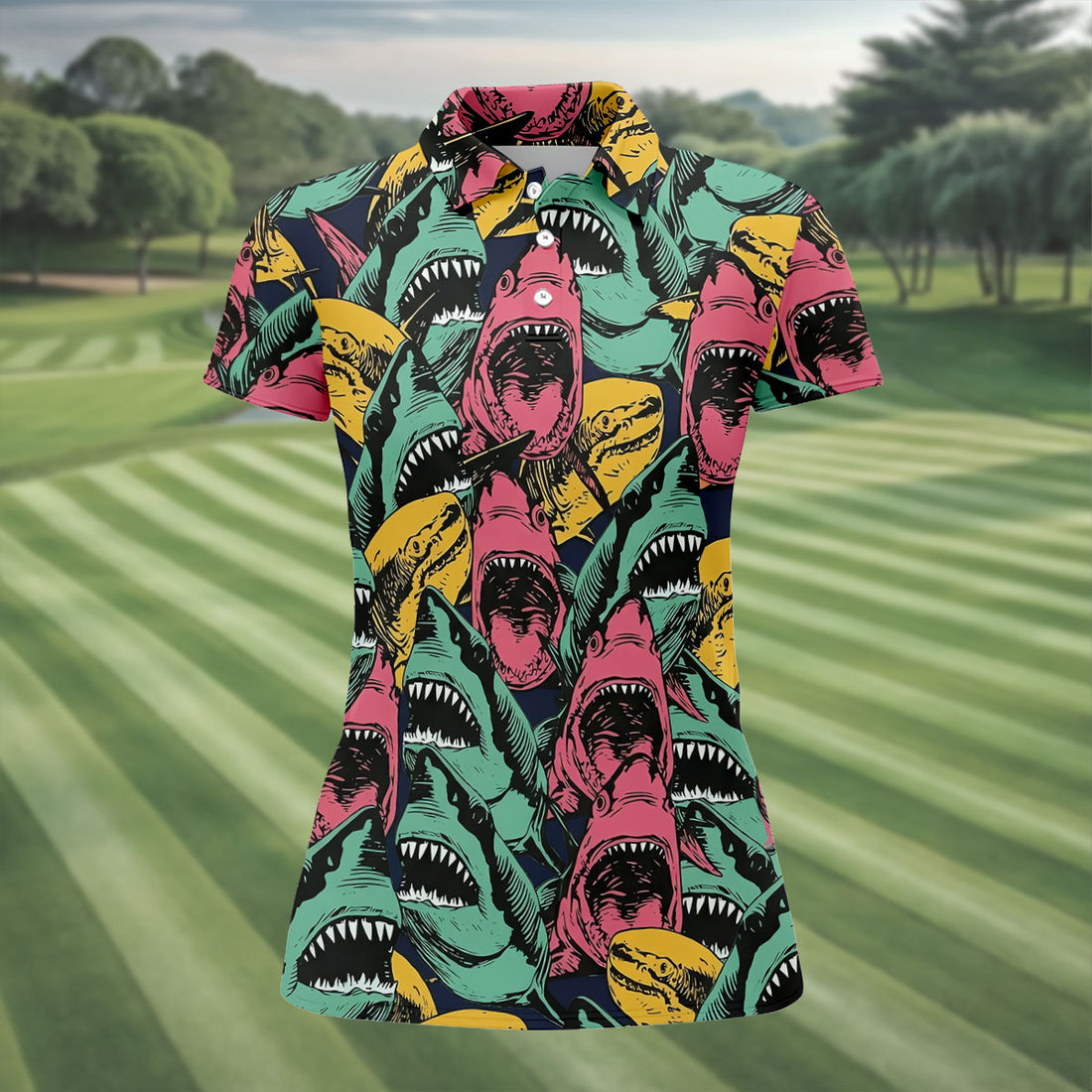Colorful Vintage Shark Pattern Hawaiian Golf Shirt, Women’s Golf Apparel, Printed Golf Shirt