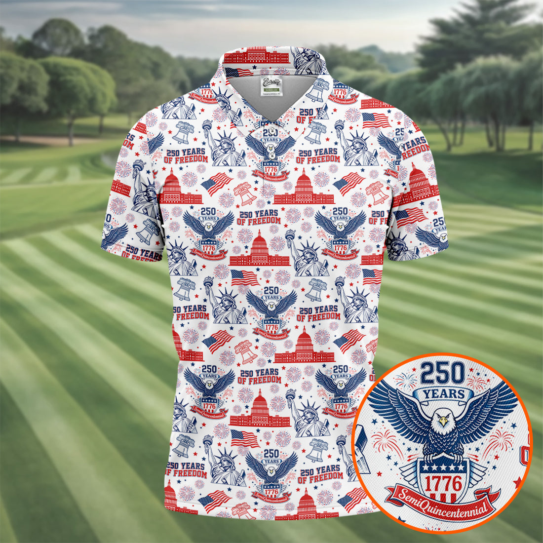Patriotic USA 250 Eagle Liberty Bell Golf Polo Shirt, Men's Golf Shirt, Golf Apparel For Men