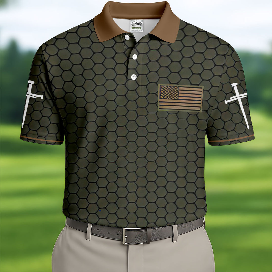 Faith Cross America 250 Anniversary Hexagonal Pattern Patriotic Golf Shirt, Golf Shirts For Men