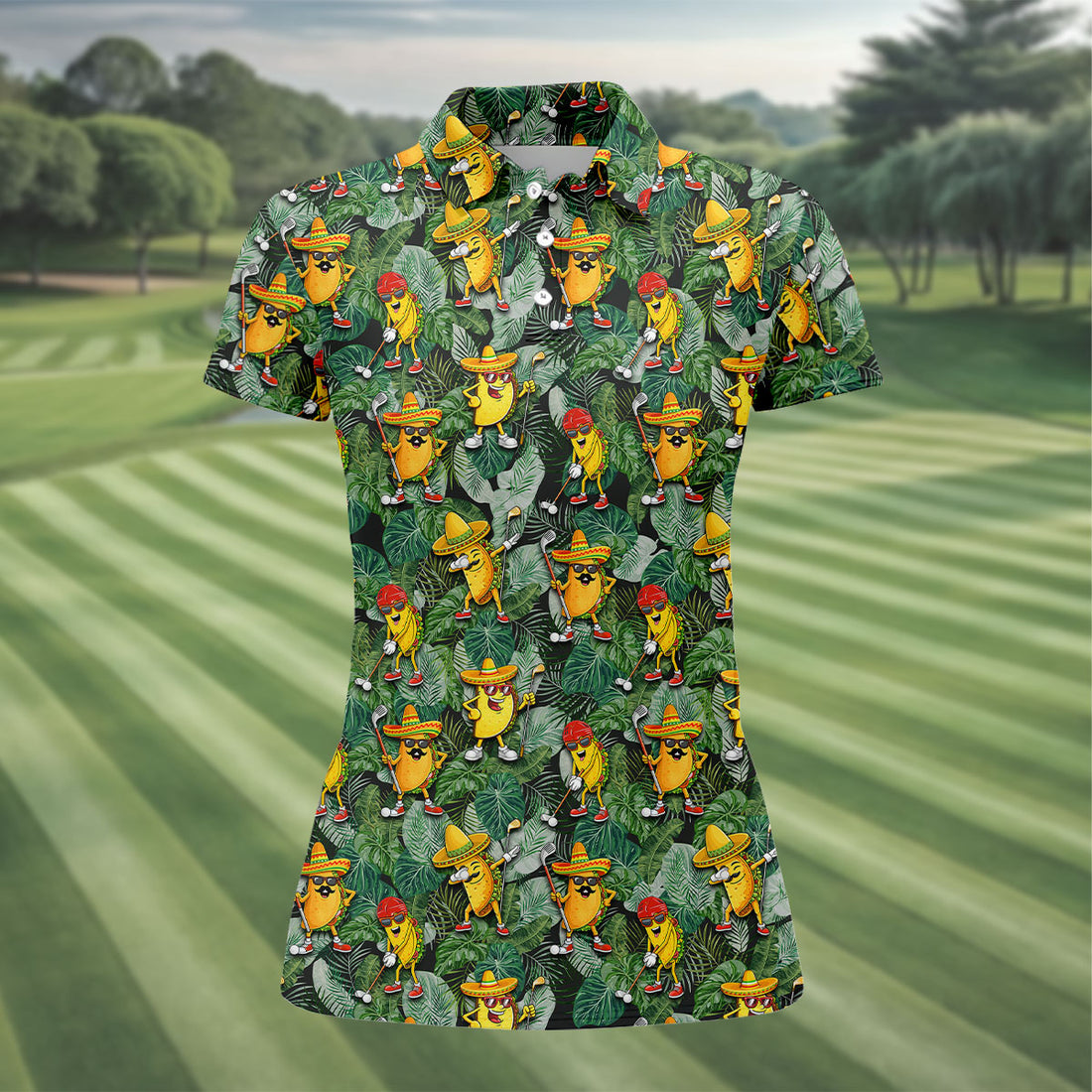 Funny Taco Golf Pose Tropical Golf Shirt, Fun Women's Golf Shirts, Ladies Golf Shirts, Golfing Apparel