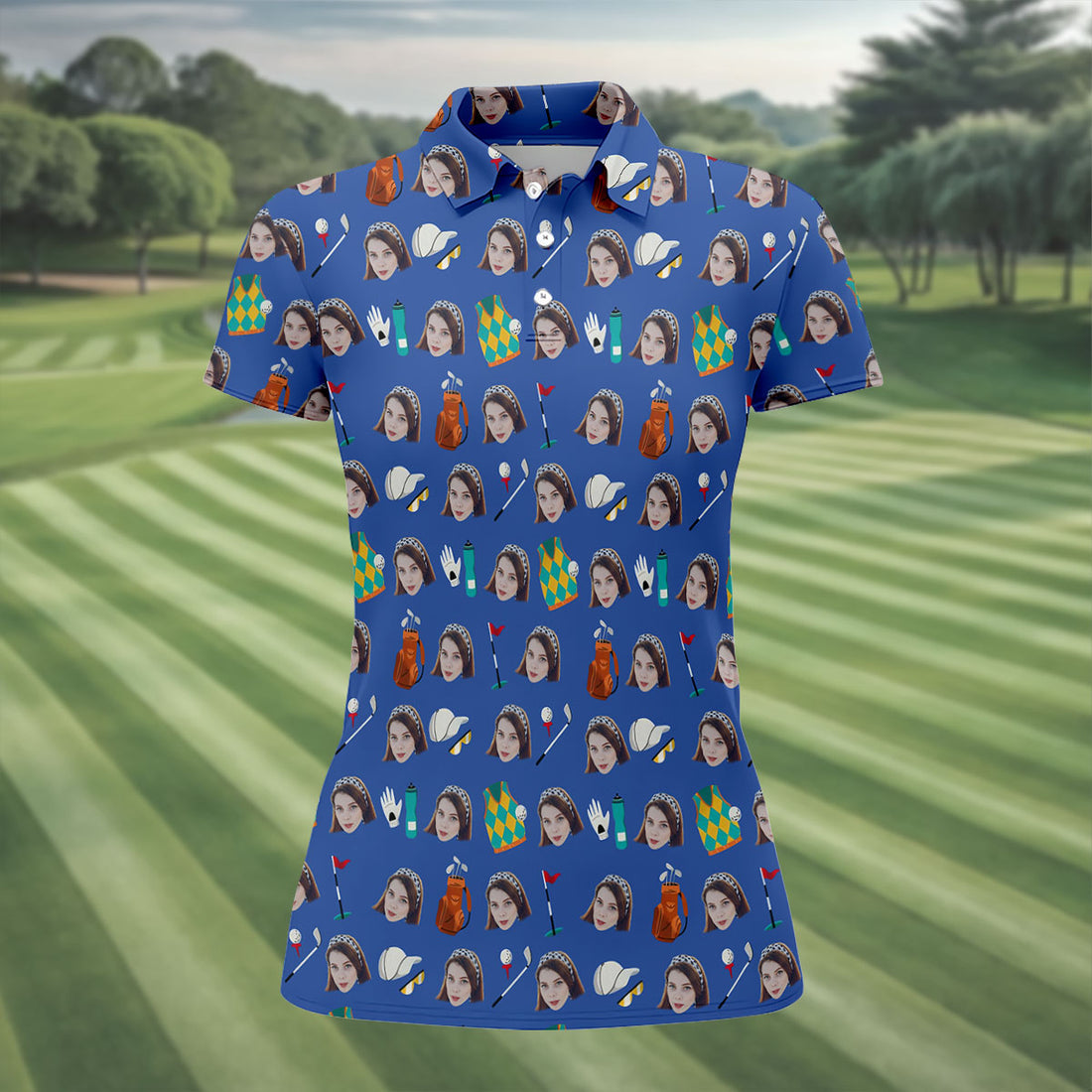 Blue Custom Photo Golf Icons Polo Shirt, Women’s Golf Polo, Performance Golf Shirt