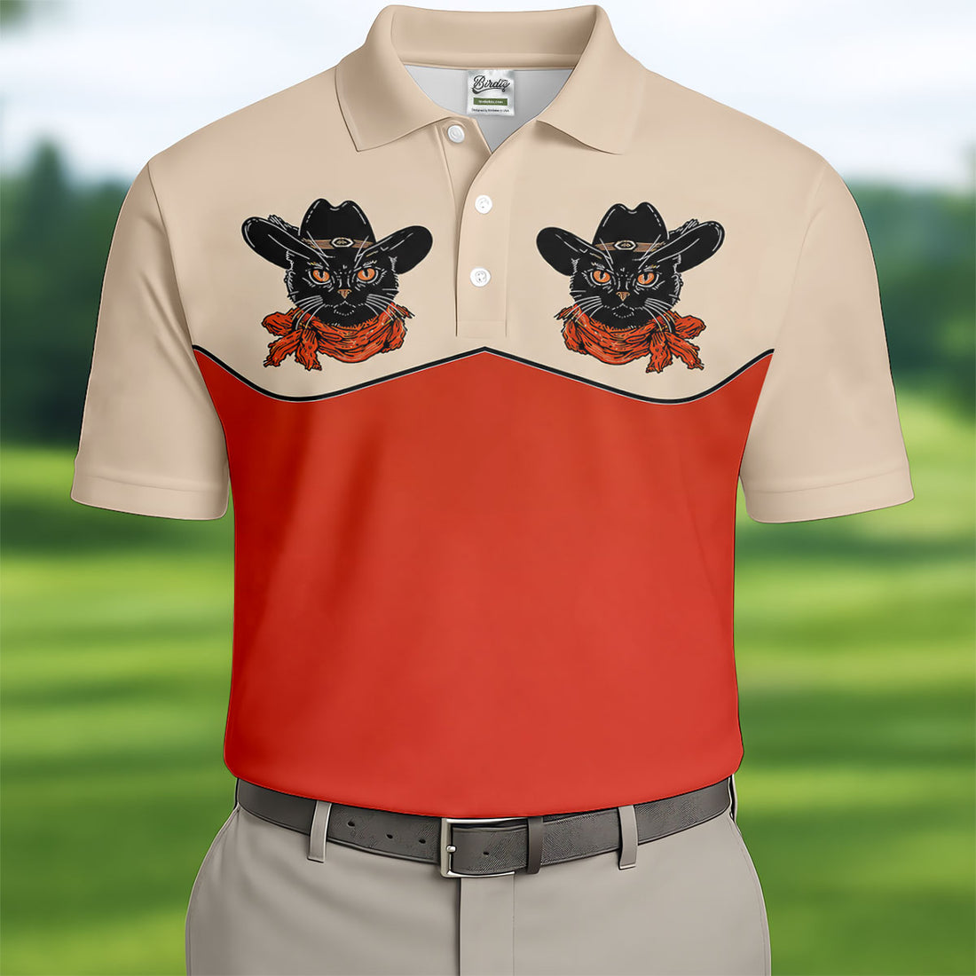 Red Western Cowboy Black Cat Golf Polo Shirt, Mens Golf Shirts, Polo Shirts For Men
