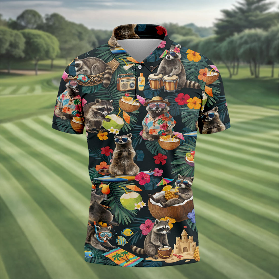 Island Vacation Raccoons with Tropical Florals Design Design Hawaiian Golf Polo, Golf Tops For Men, Golfing Apparel