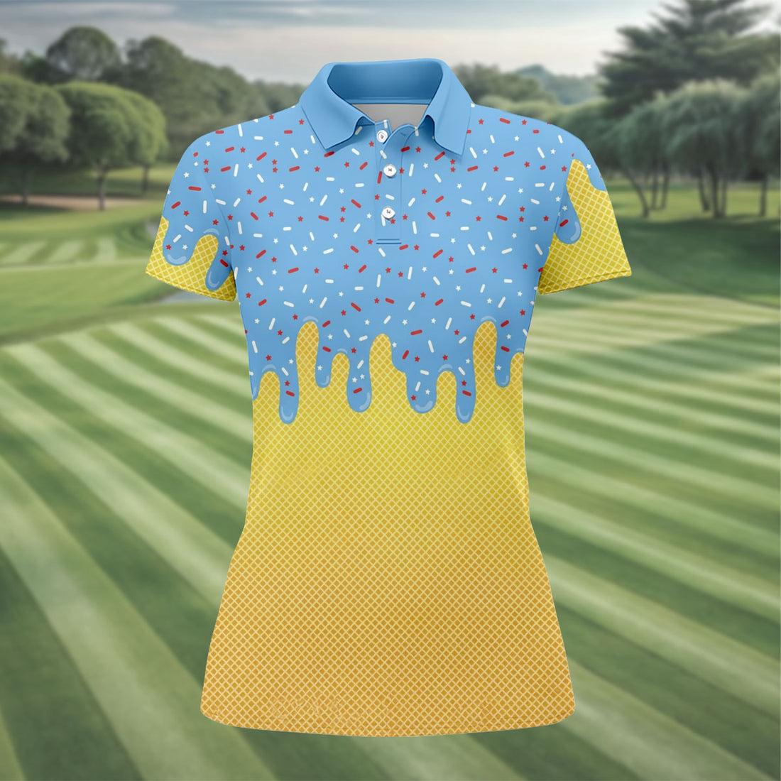 Ice Cream Pattern Hawaiian Golf Shirt, Summer Vibe Women's Golf Tops, Ladies Golf Shirts