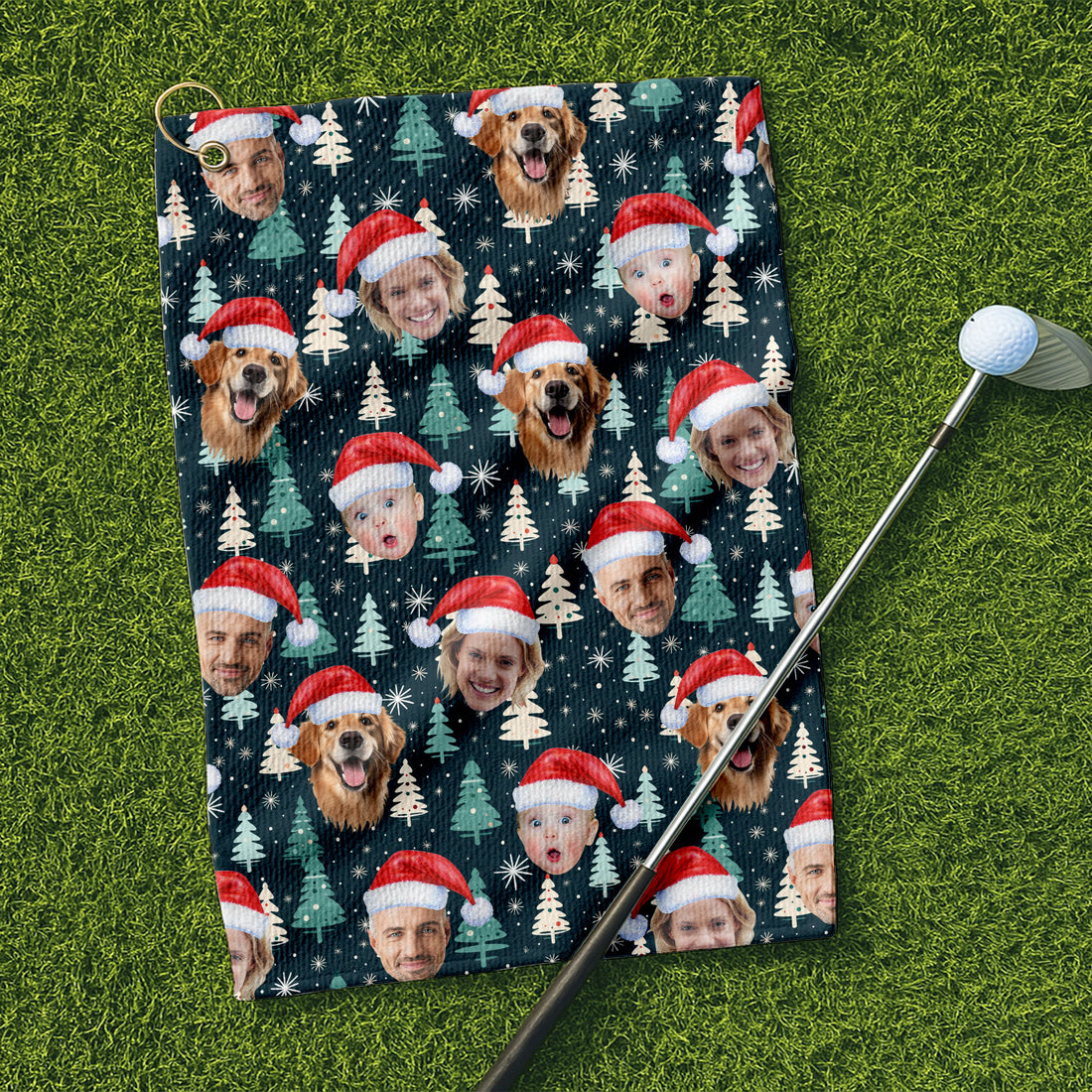 Custom Face Little Pine Tree Snowflake Pattern Golf Towel, Christmas Golf Gift, Golf Gift Idea