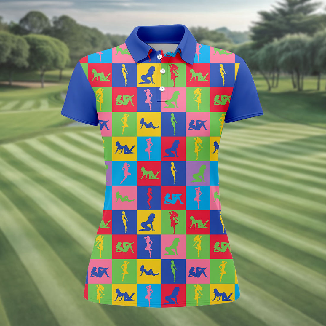 Colorful Pin Up Silhouette Pop Art Golf Polo Shirt, Women's Golf Polo, Golf Shirts For Women