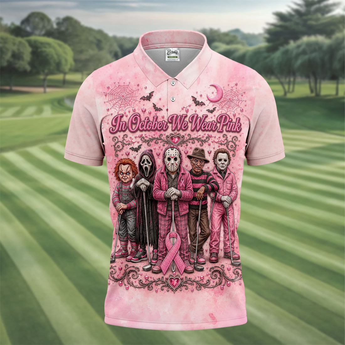 In October We Wear Pink Breast Cancer Horror Characters Golf Polo, Polo Shirts For Men
