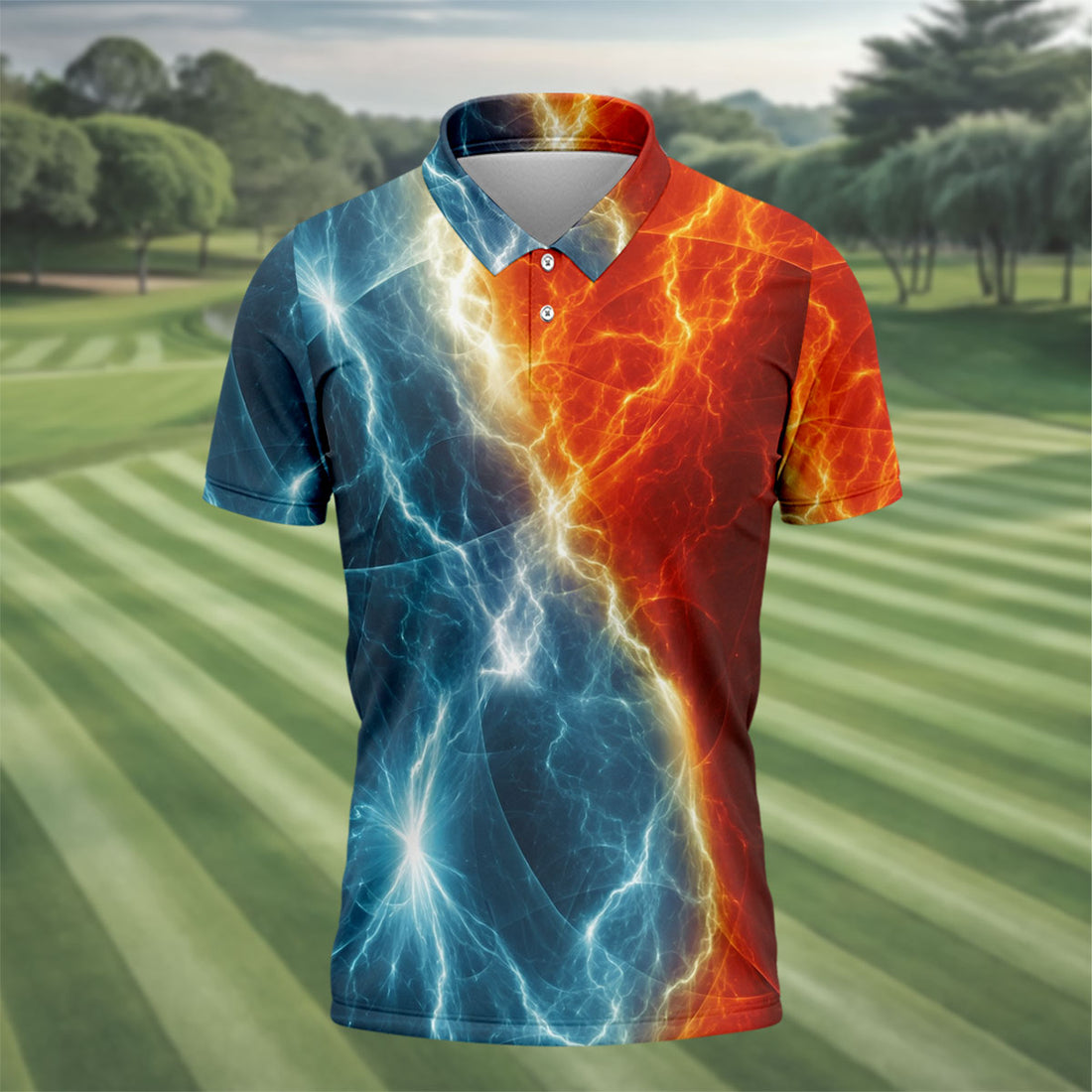Lightning Fire And Ice Split Golf Polo Shirt, Golf Shirts For Men, Mens Golf Polo