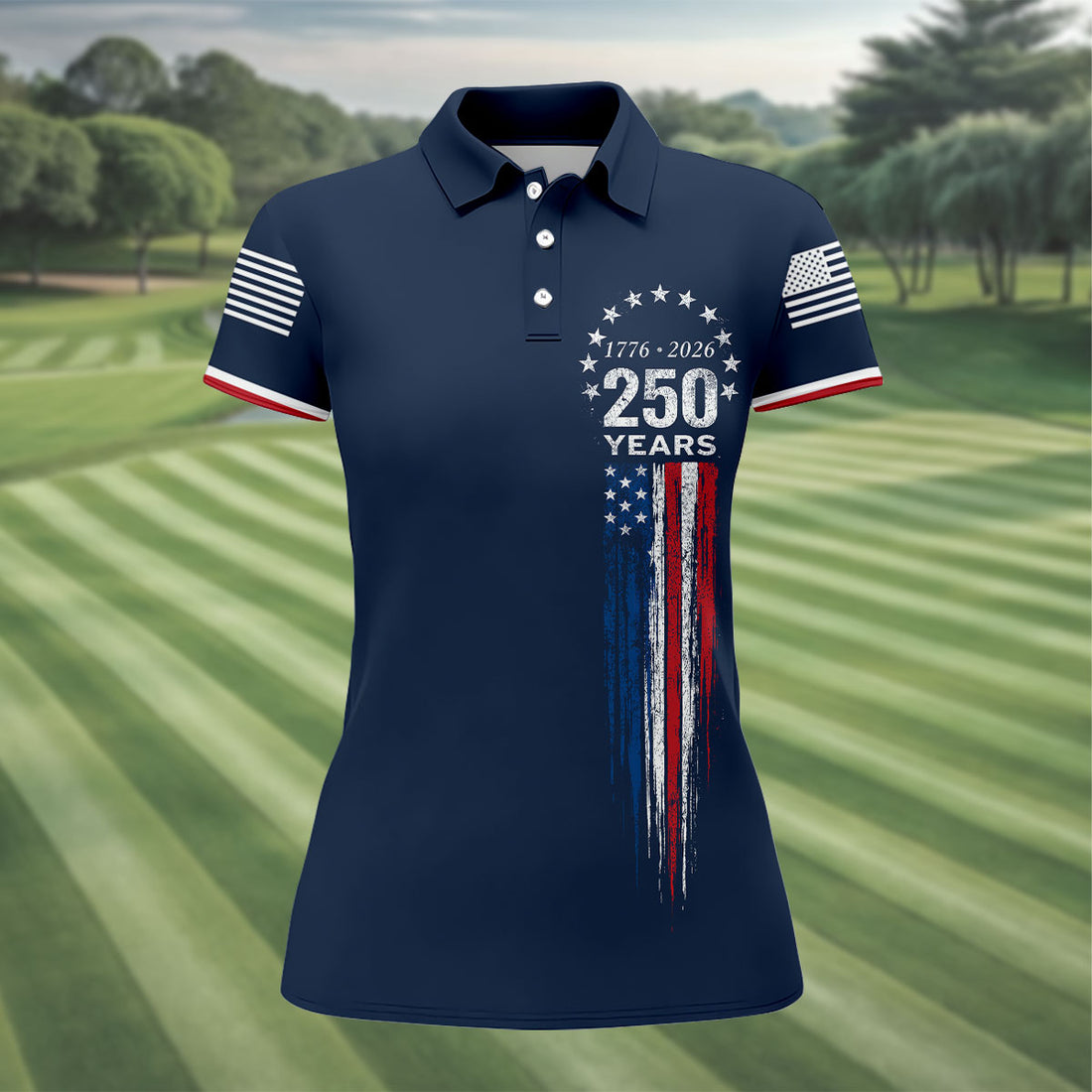 250 Years Celebration American Flag Women's Golf Top, 4th of July Golf Shirt