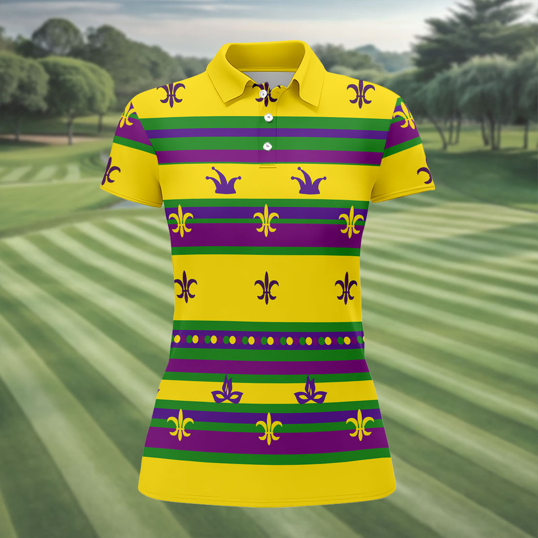 Mardi Gras Fleur De Lis Purple Green Gold Horizontal Stripes Women's Golf Shirts, Ladies Golf Polos
