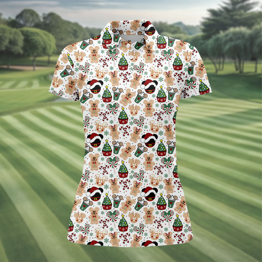Christmas Sweets Pattern Women Golf Top, Cartoon Print Ladies Golf Polos, Christmas Golf Shirt, Golfing Apparel