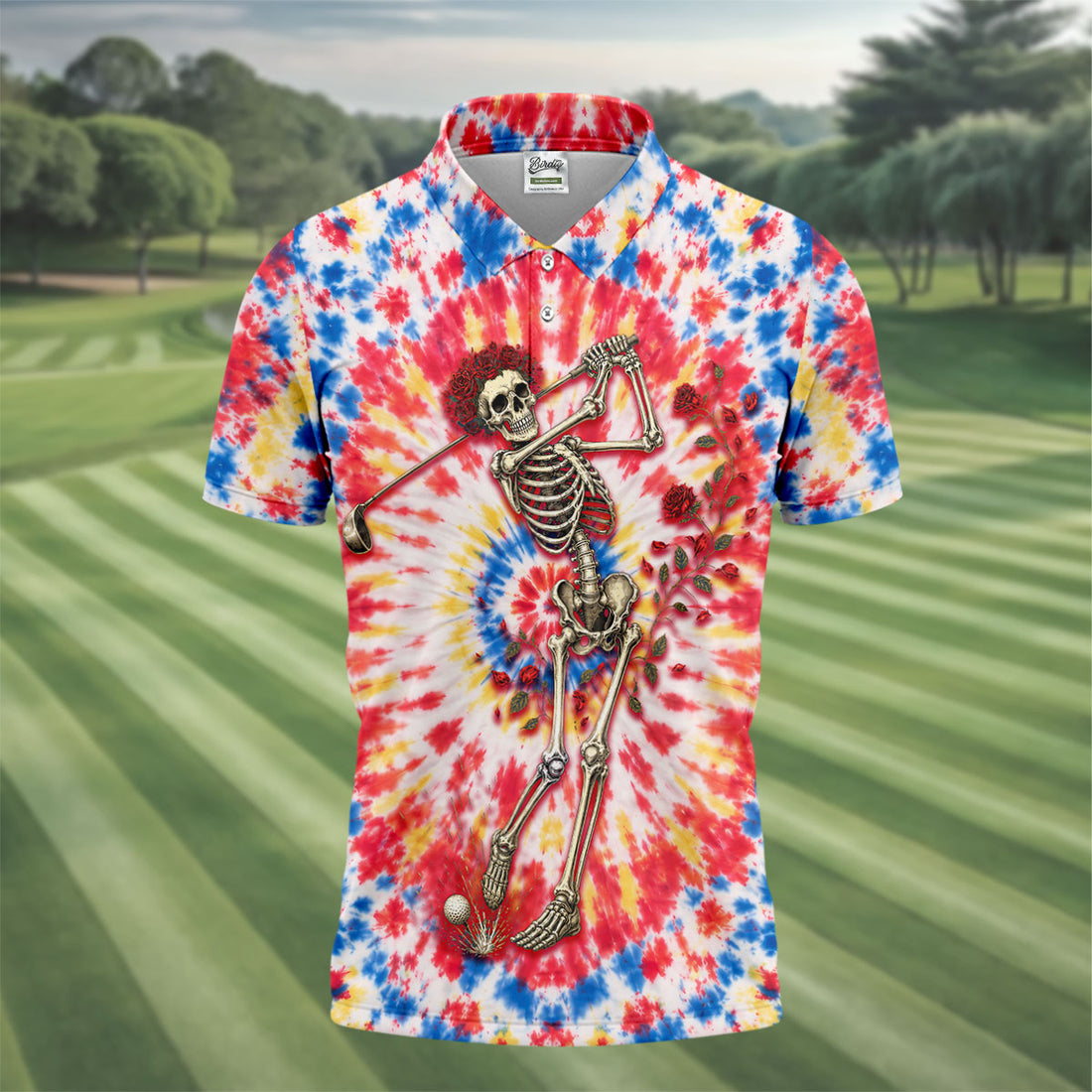 Skeleton Golfer Tie Dye Polo Shirt, Golf Apparel For Men, Golf Polo Shirts For Men
