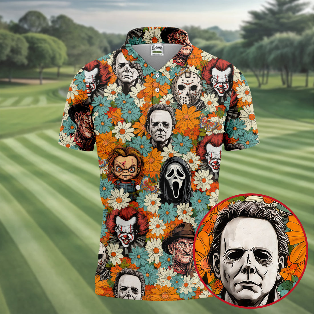 Floral Horror Character Halloween Golf Shirt, Mens Golf Apparel, Hawaiian Golf Shirt