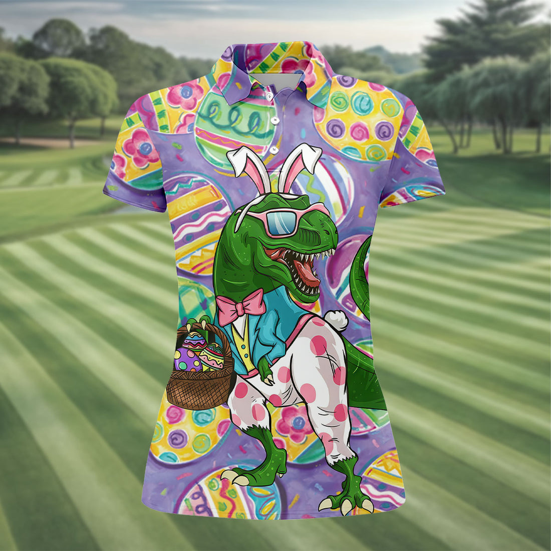 T-Rex Bunny Painted Easter Eggs Women Golf Top, Fun Women's Golf Shirts, Ladies Golf Shirts