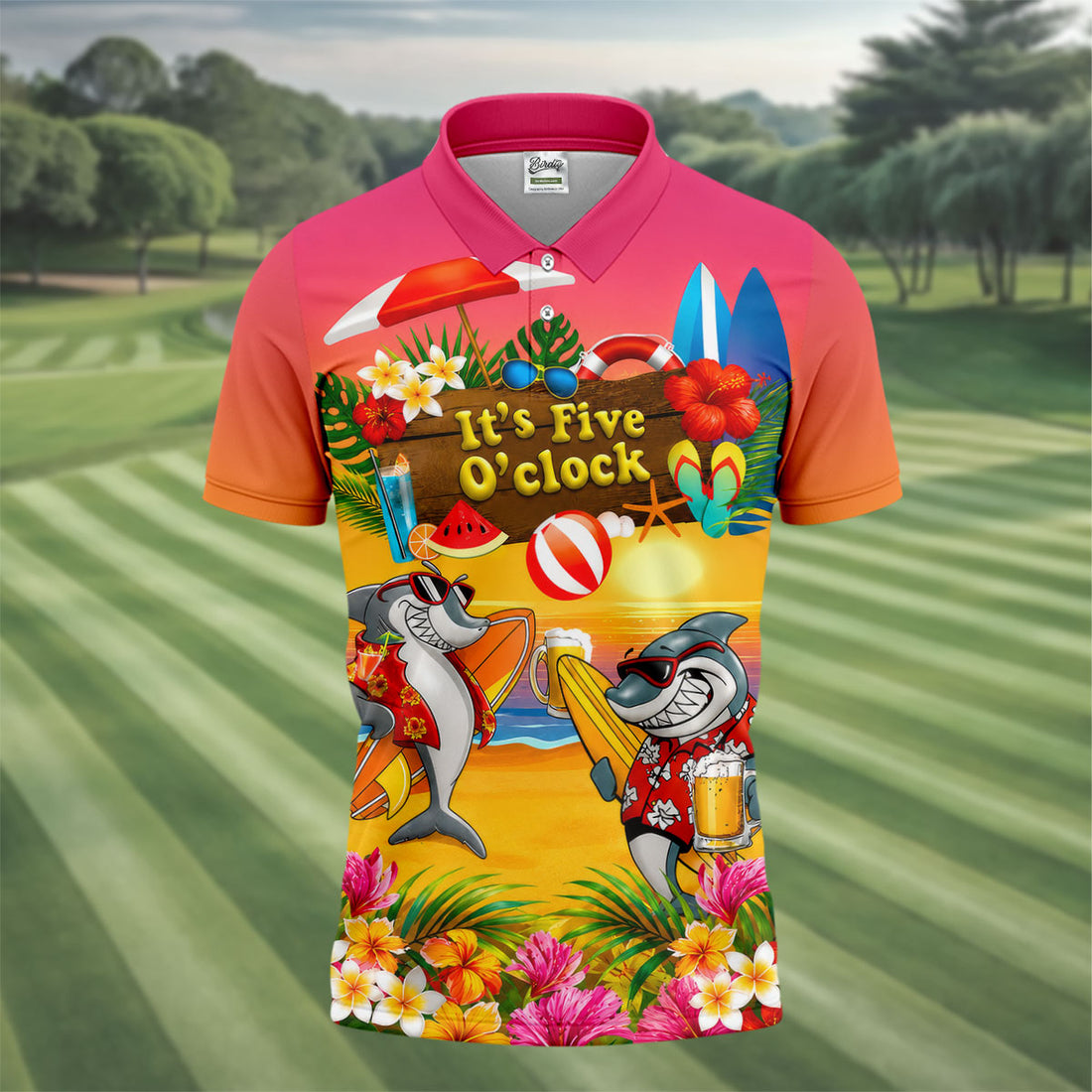 Pink Sunset It's Five O'Clock Beach Shark Golf Polo Shirt, Men's Golf Shirt, Golf Polo Shirts For Men