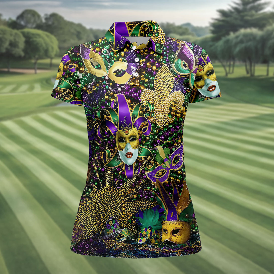 Jester Mask Purple Green Gold Fleur De Lis Beads Mardi Gras Golf Shirt, Women's Golf Tops, Ladies Golf Shirt