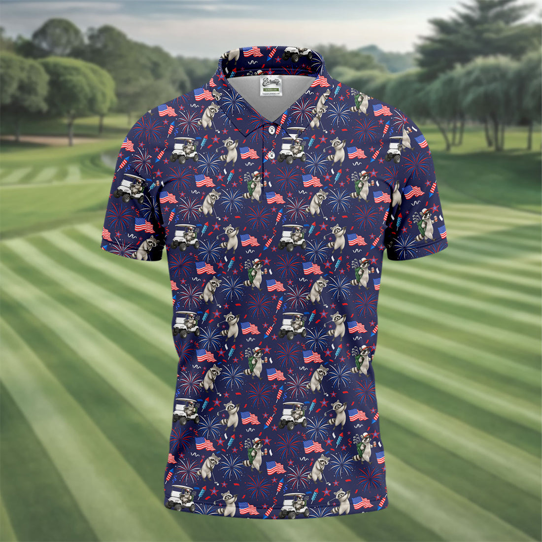 Golfing Raccoon Fireworks Men's 250 Years USA Patriotic Golf Shirt, 4th of July Golf Shirt