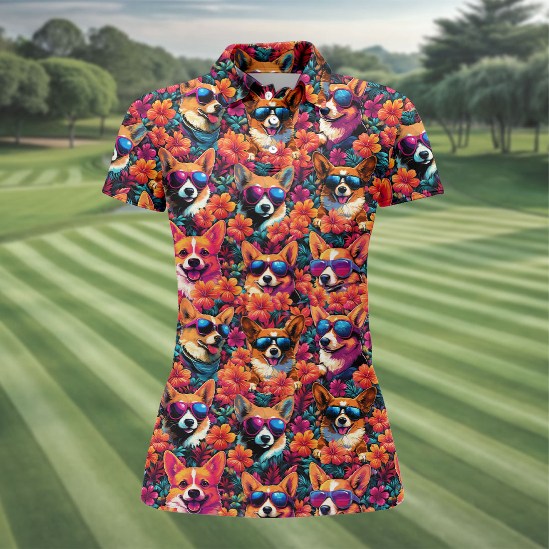 Tropical Corgi Floral Pattern Hawaiian Golf Polo, Golf Tops For Women, Golfing Apparel