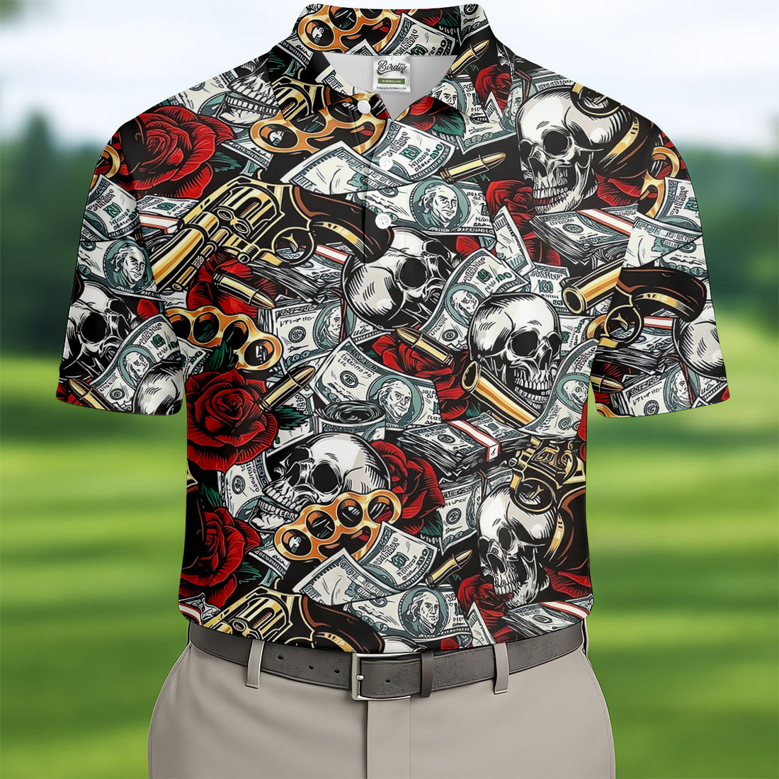 Black Skull Cash Rose Western Pattern Golf Polo Shirt, Men's Golf Shirt, Hawaiian Golf Shirt