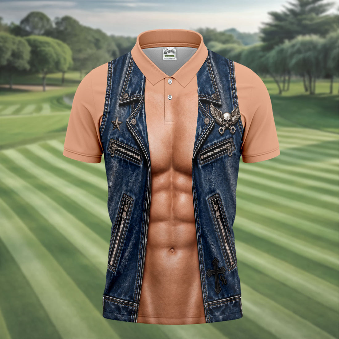 Blue Denim Vest Illusion Golf Polo Shirt, Golf Shirts For Men, Mens Golf Apparel