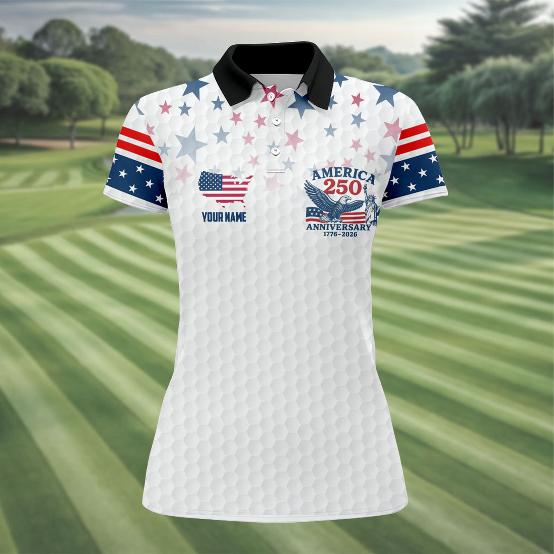 America 250th Anniversary Red White And Blue Stars White Golf Shirt, Patriotic 4th Of July Golf Shirt For Women