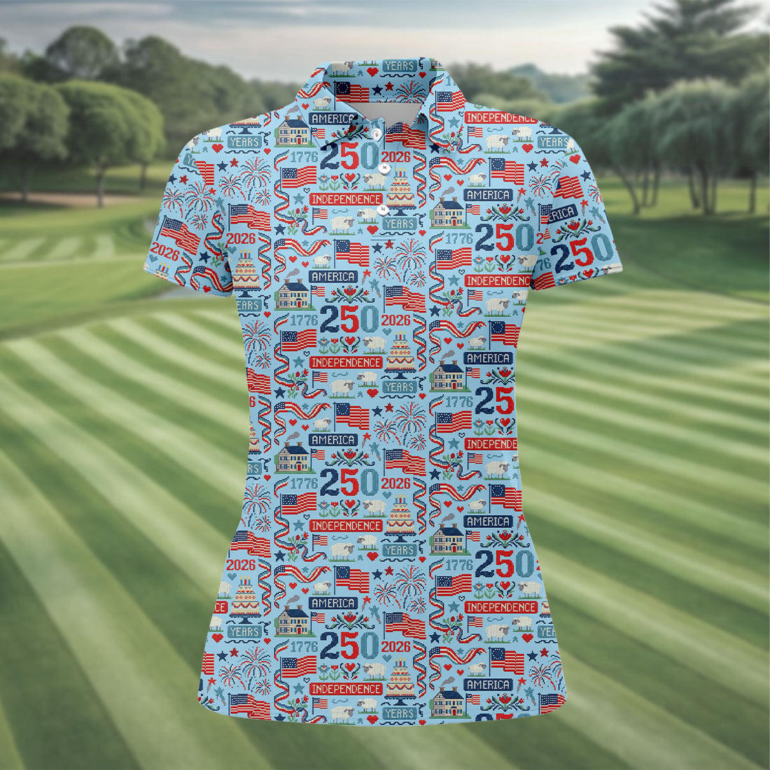 America Independence 250 Years Blue Golf Shirt, Patriotic 4th Of July Golf Shirt For Women