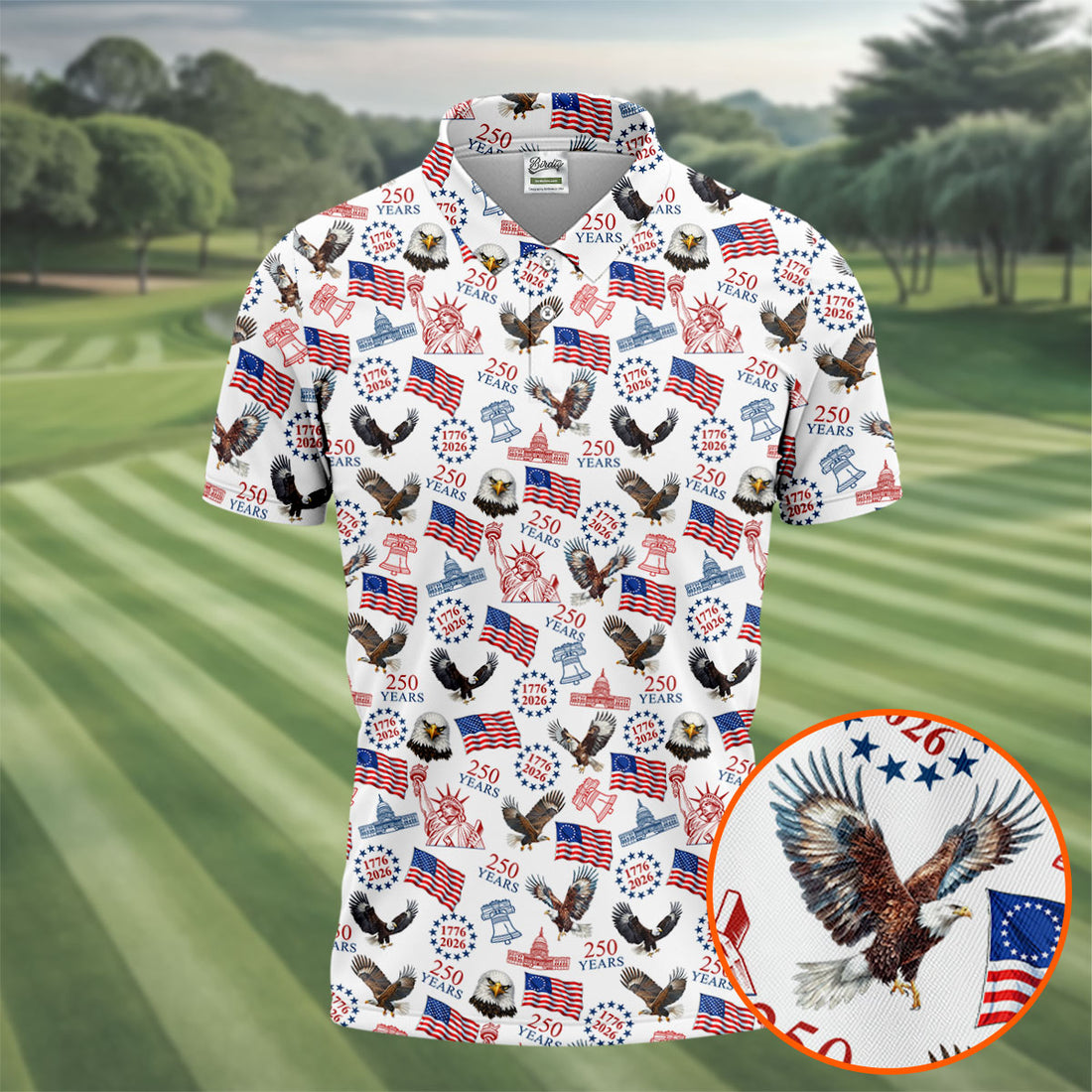250 Years American Symbol Patriotic Pattern White Golf Shirt, 4th Of July Golf Shirt, Golf Shirts For Men