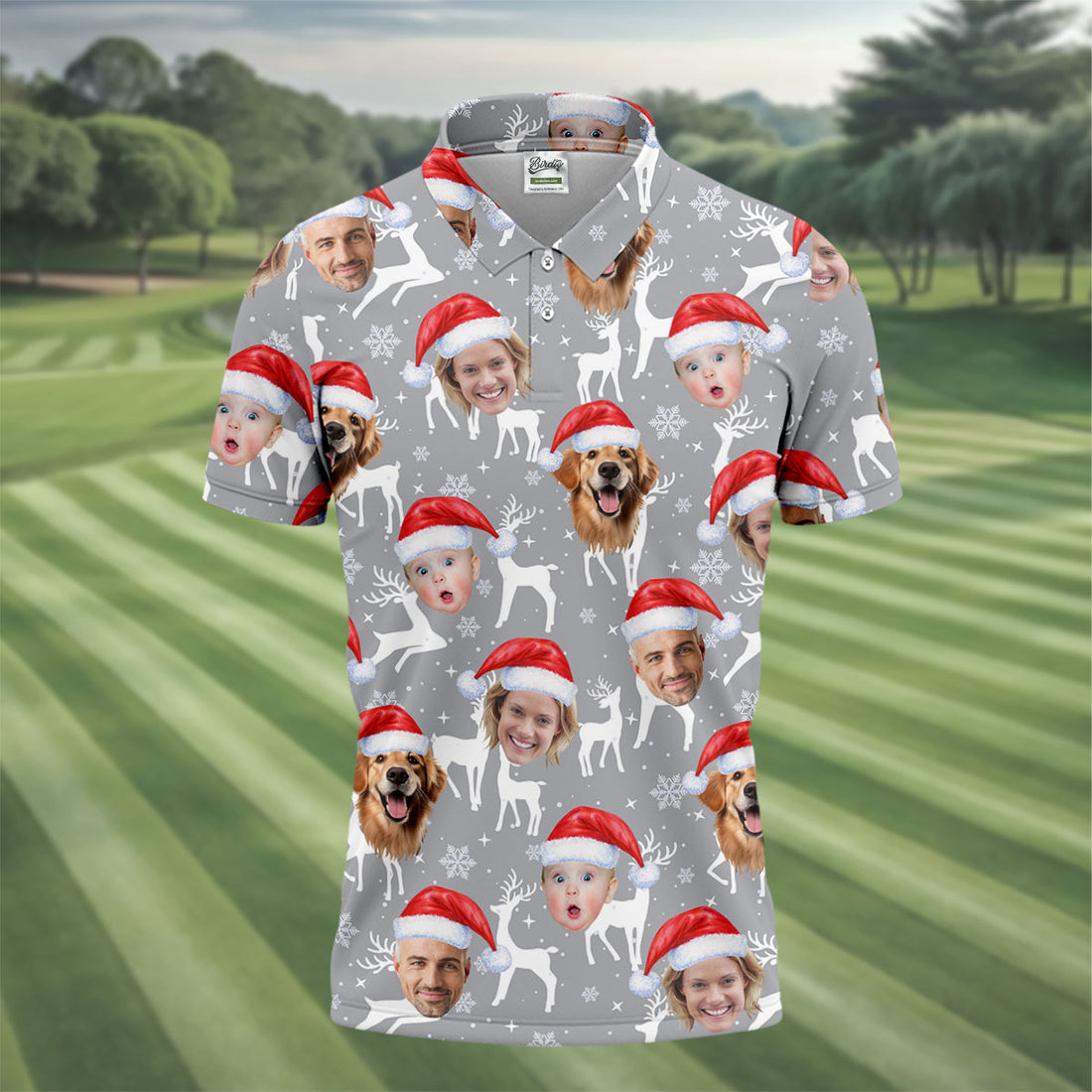 Custom Face Snow Reindeer Grey Golf Shirt, Christmas Golf Shirt, Golf Shirts For Men, Golf Gift For Men