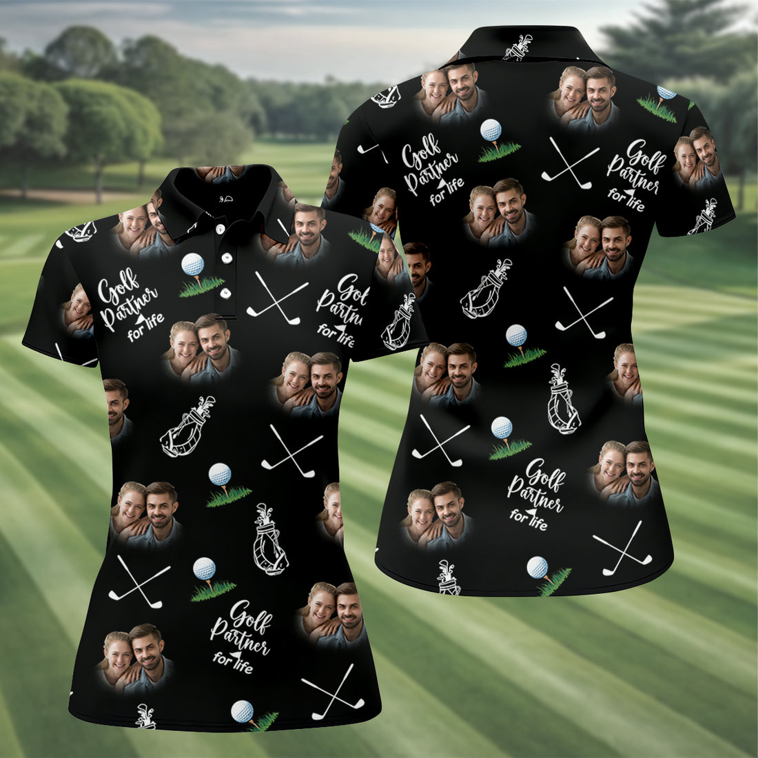 Golf Partner For Life Custom Photo Black Women Golf Top, Valentines Golf Gift, Ladies Golf Polos