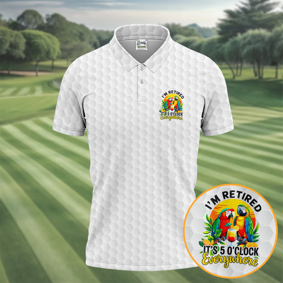 White Tropical Parrot Happy Retirement Golf Polo Shirt, Hawaiian Golf Shirt, Mens Golf Shirts
