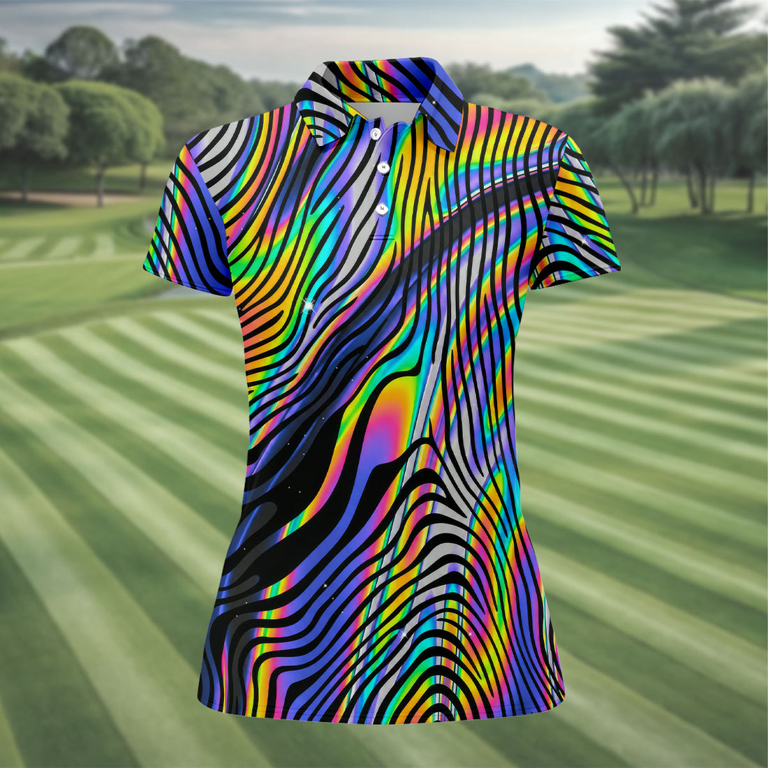 Rainbow Neon LGBT Support Zebra Pattern Ladies Golf Tops, Pride Month Golf Shirt For Women