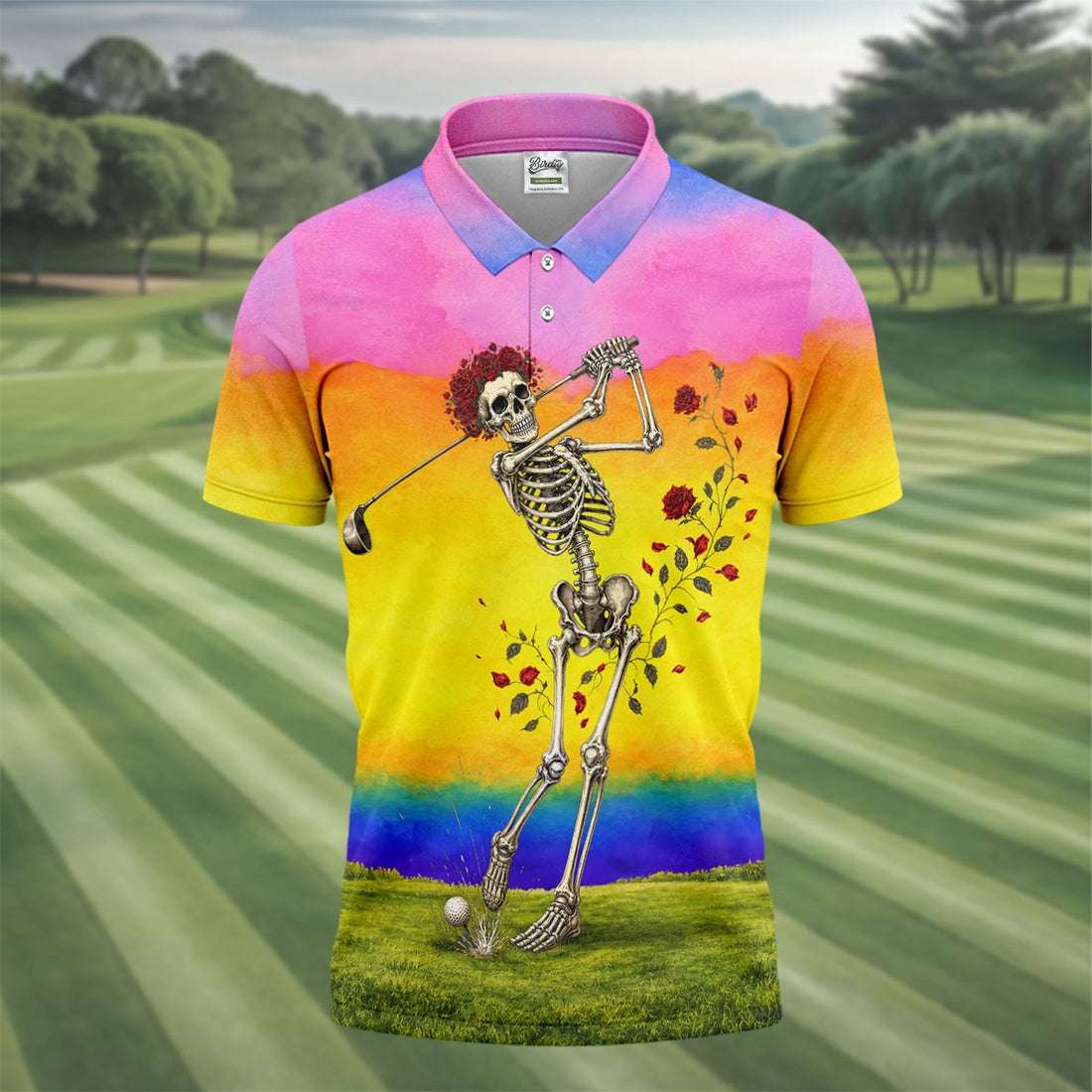 Rainbow Skeleton Golfer Golf Polo Shirt, Mens Golf Shirts, Hawaiian Golf Shirt