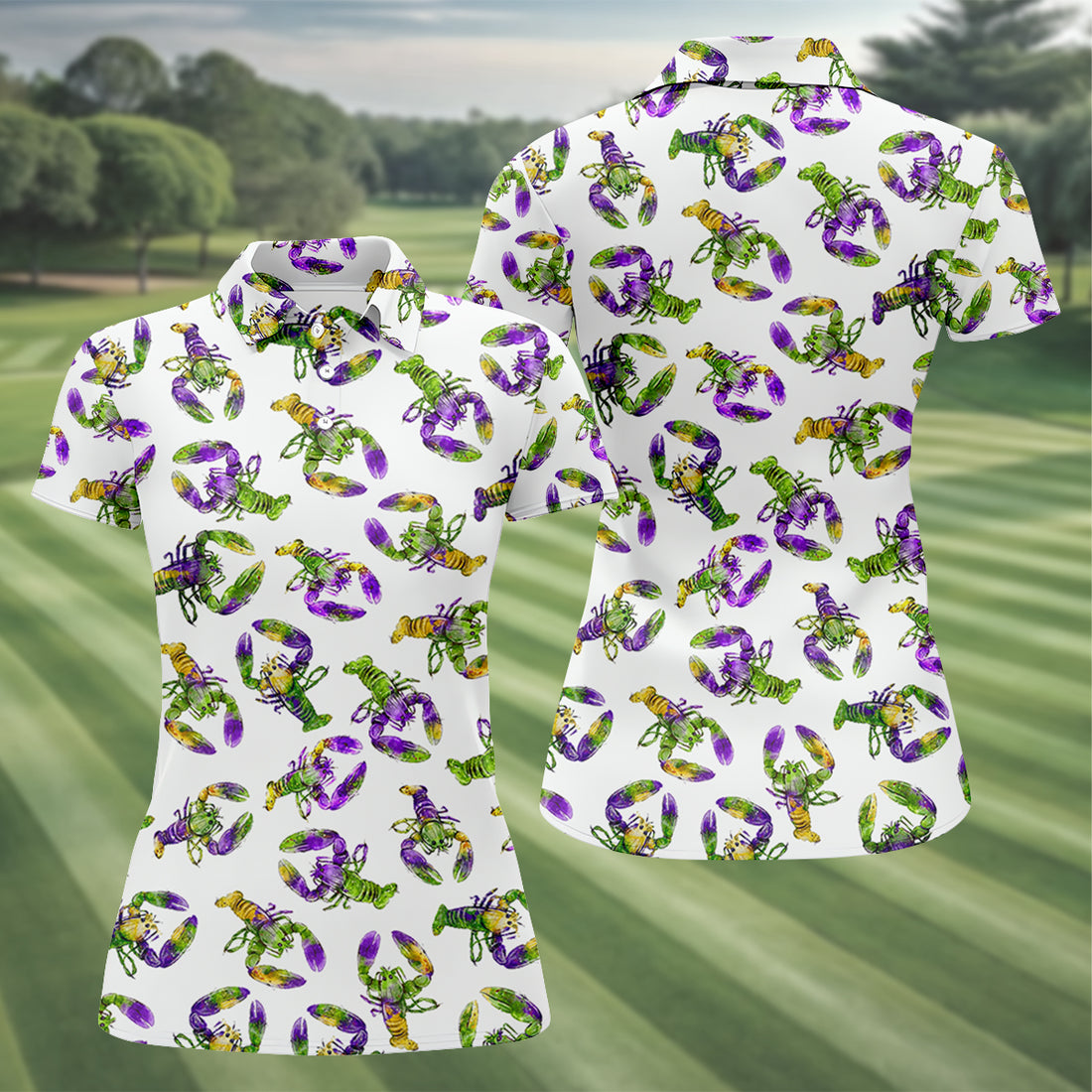 Purple Green Gold Crawfish Pattern Mardi Gras Golf Shirt, Women's Golf Tops, Ladies Golf Polos