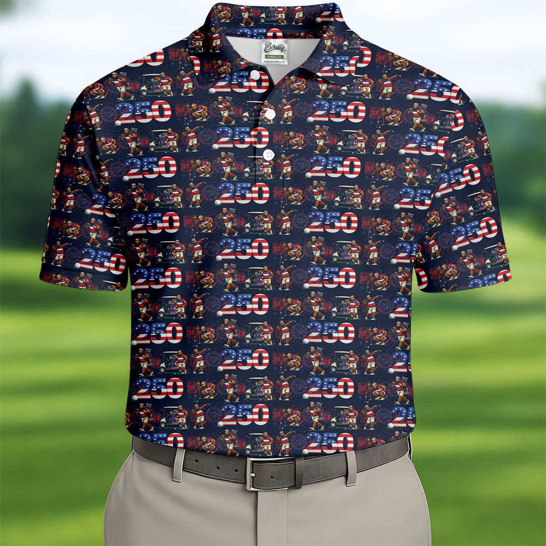 Funny Bigfoot Golf Pose Patriotic 4th Of July Black Golf Shirt, 250 Years Golf Shirts For Men