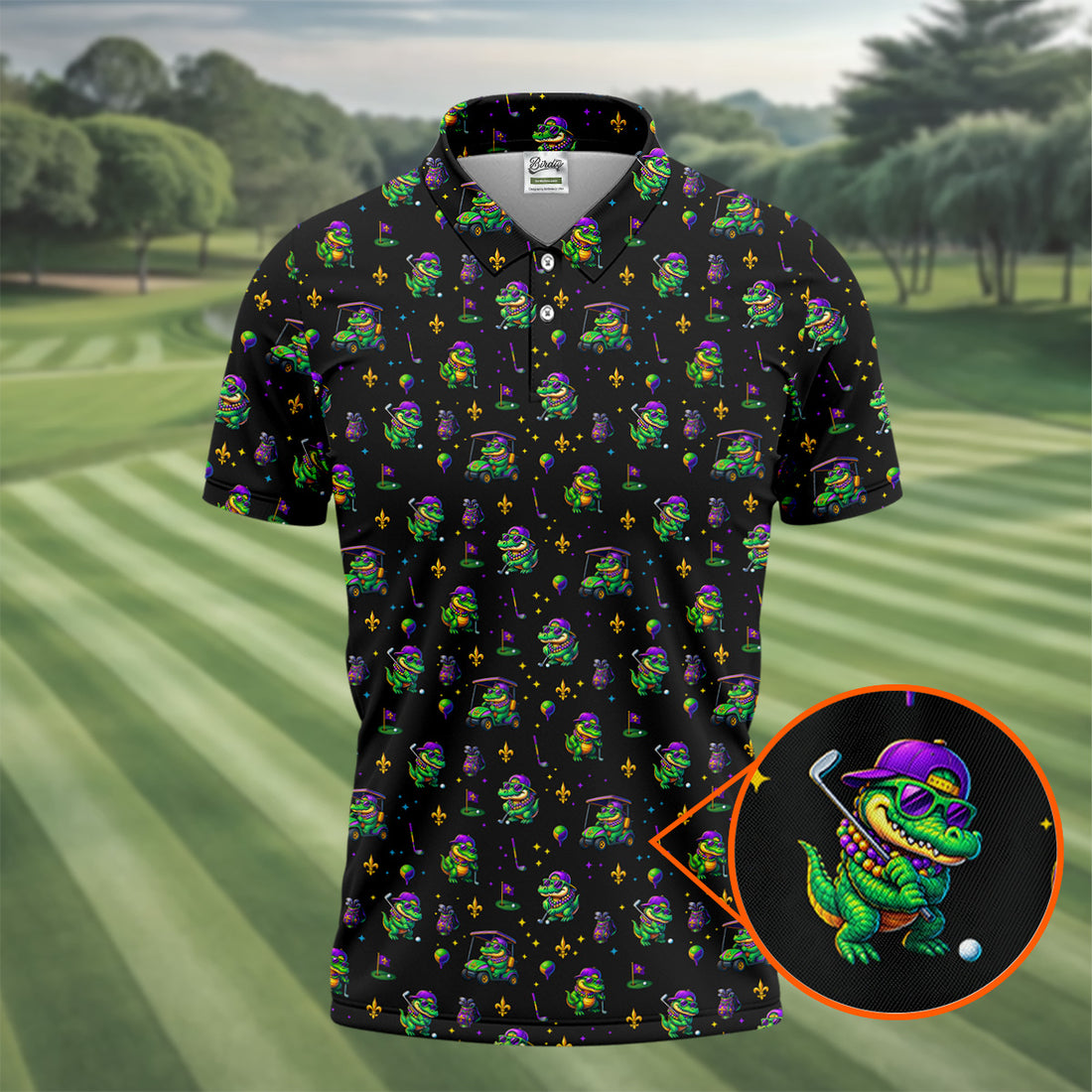Funny Crocodile Mardi Gras Golf Shirts, Black Golf Shirt, Golf Gift For Men, Golf Shirts For Men