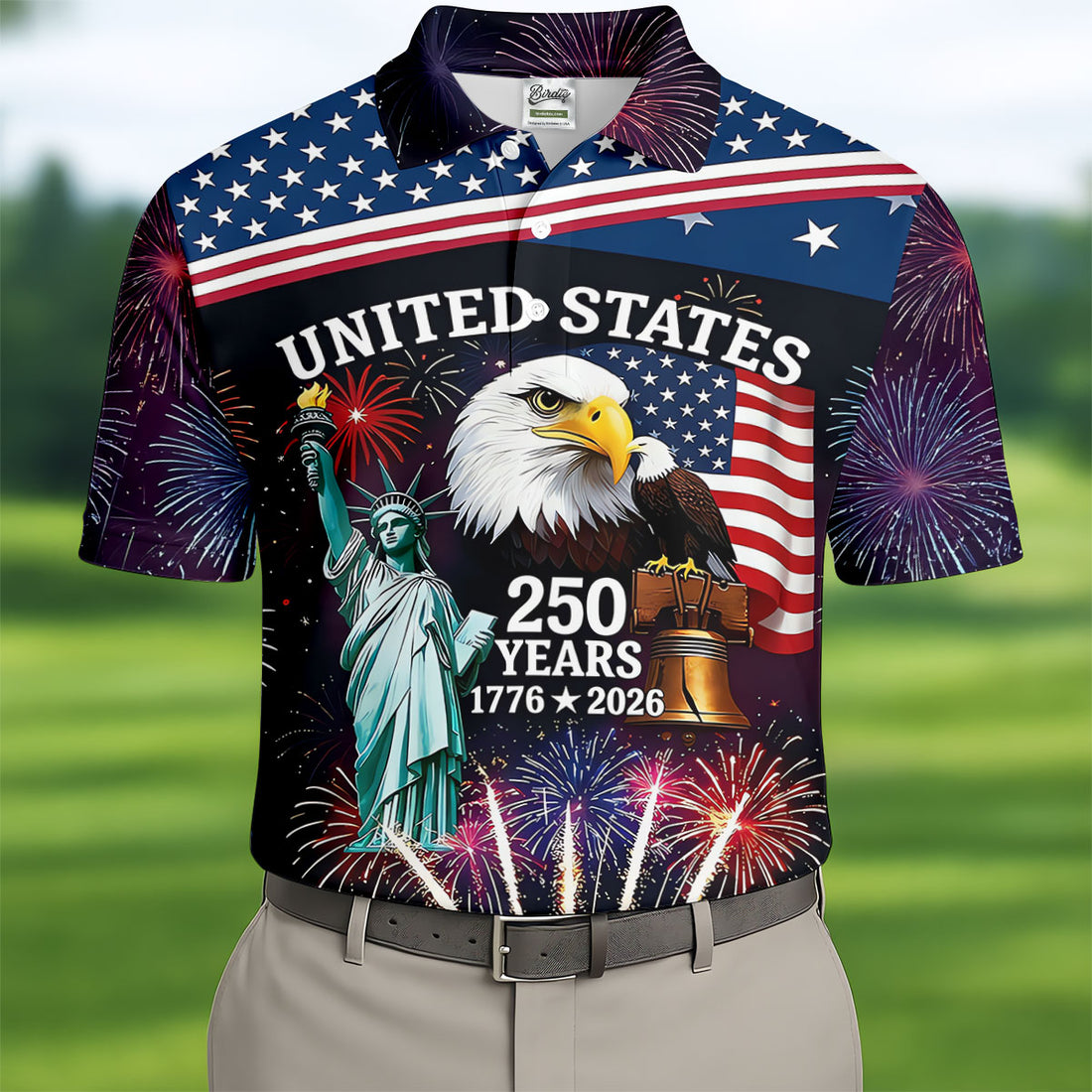 250 Years American Symbols US Flag Golf Shirt, Patriotic 4th Of July Golf Shirts For Men