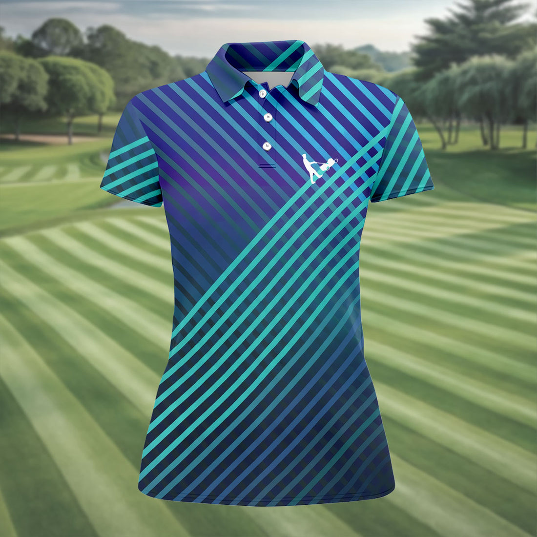 Teal And Purple Striped Pattern Women's Golf Tops, Performance Golf Shirt, Ladies Golf Shirts