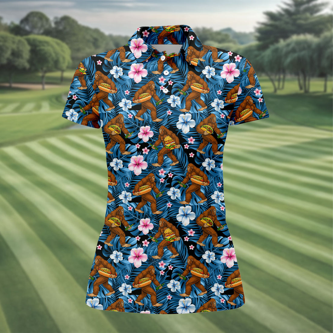 Tropical Bigfoot Burger Party Pattern Hawaiian Golf Polo, Golf Tops For Women, Golfing Apparel