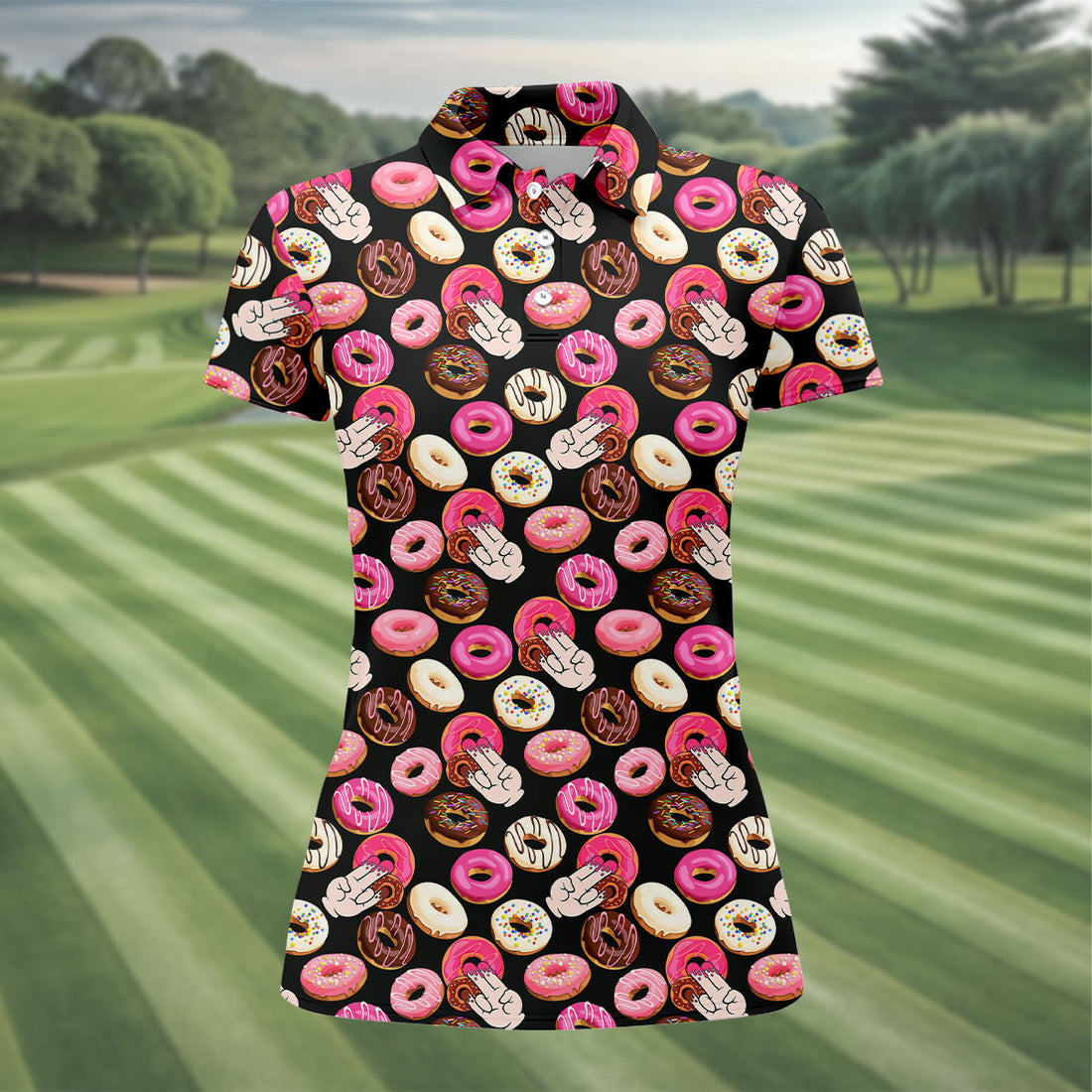 Funny Donut Adult Humor Black And Pink Fun Women's Golf Shirts, Women's Golf Tops, Ladies Golf Shirts