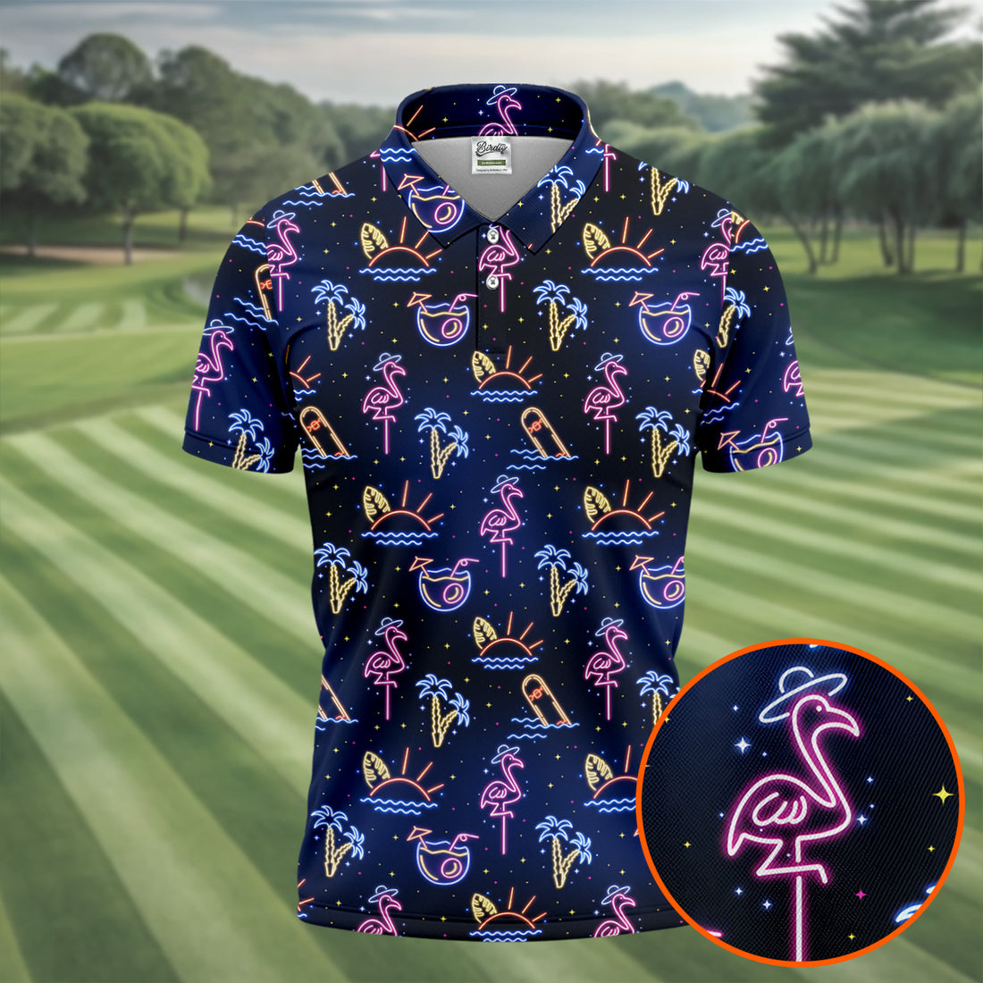 Neon Tropical Flamingo Sunset Cocktail Night Golf Polo, Hawaiian Golf Shirt, Polo Shirts For Men