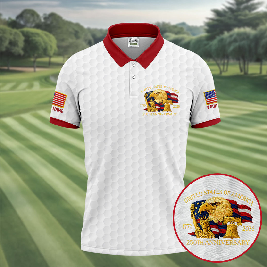 United States 250th Anniversary Patriotic Eagle White Custom Golf Shirts, 4th Of July Golf Shirts For Men
