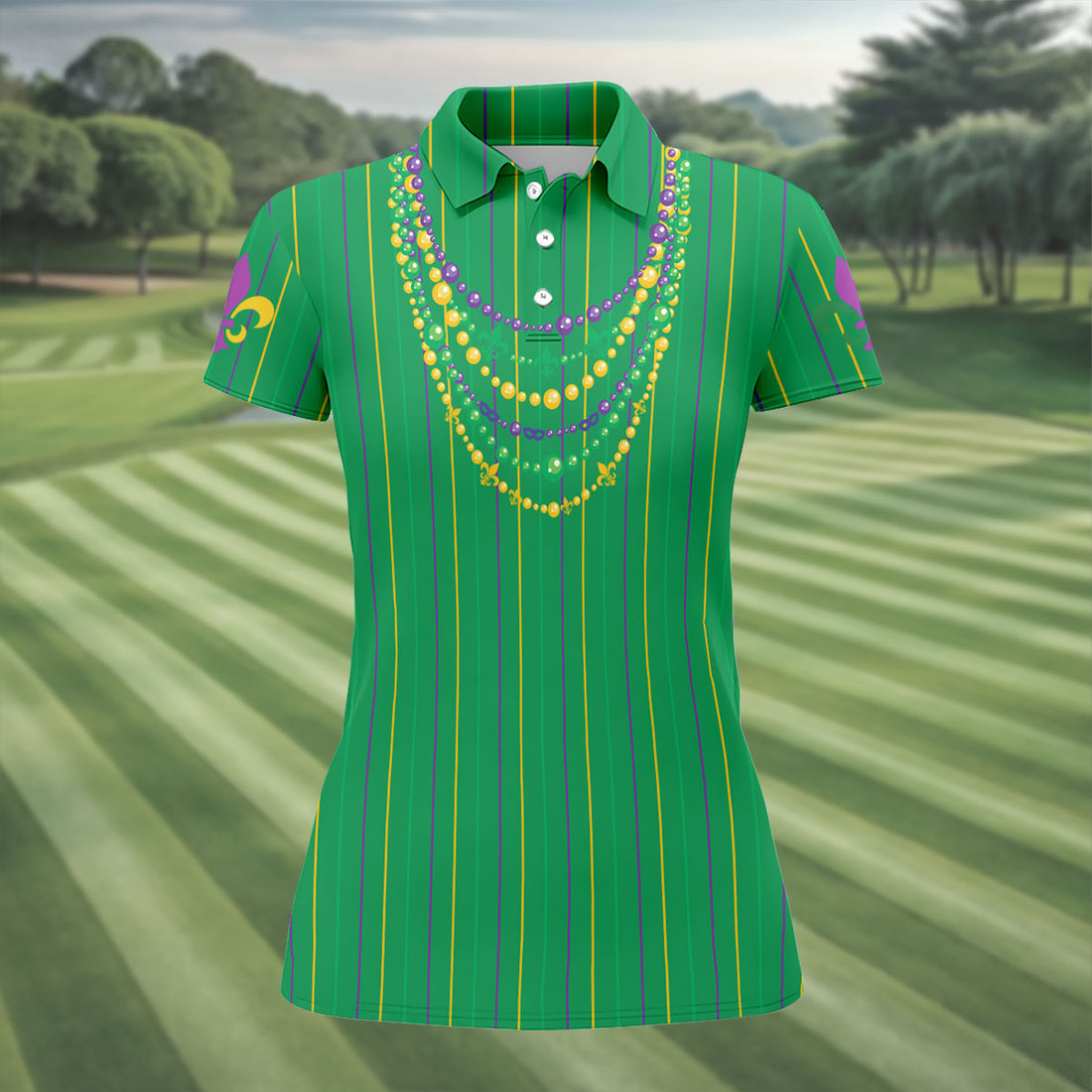 Mardi Gras Beads Necklaces Print Green Golf Shirt, Women's Golf Shirts, Ladies Golf Polos, Golf Shirt For Women