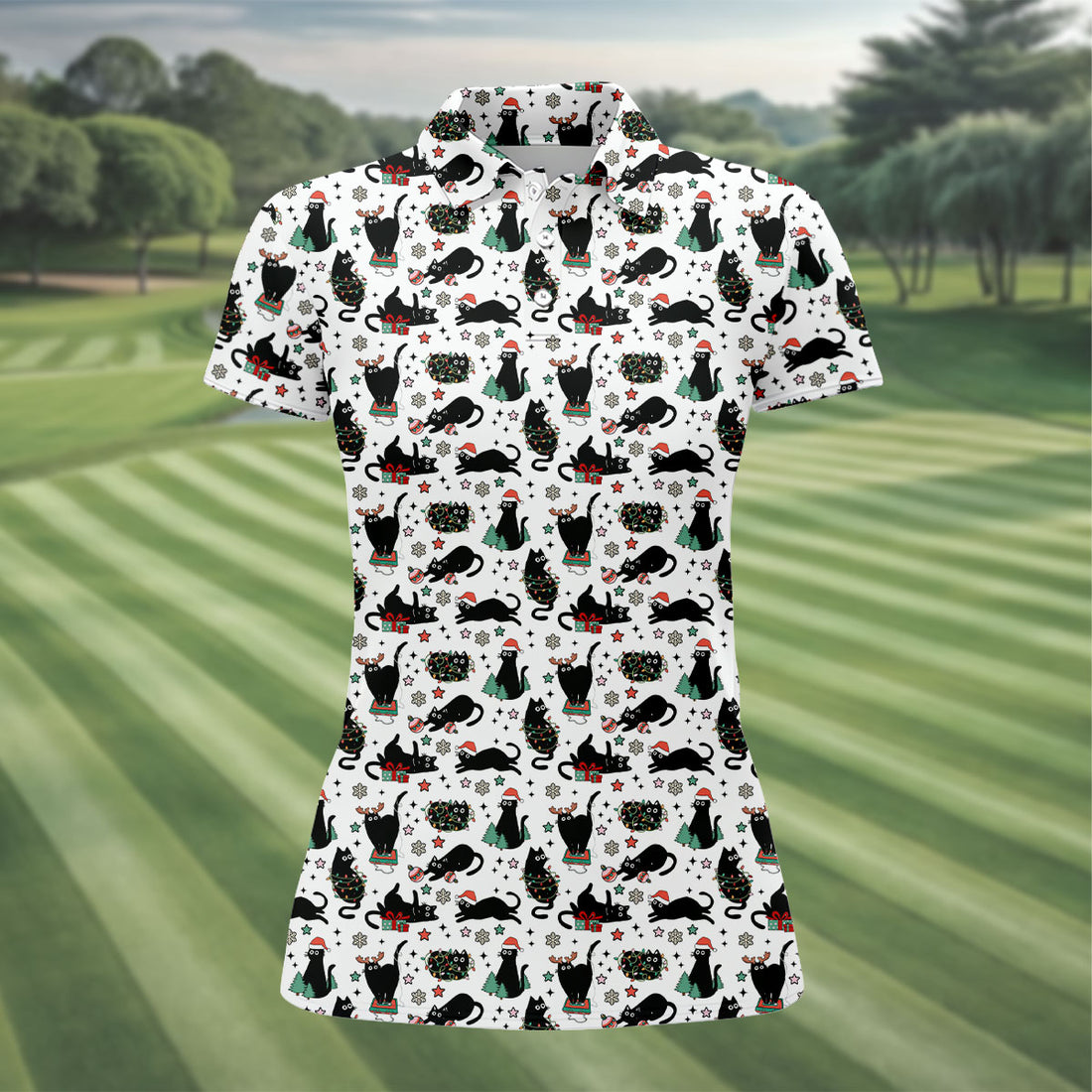 Xmas Black Cat Women's Golf Shirts, Ladies Golf Tops, Golf Gifts For Women, Christmas Golf Shirt