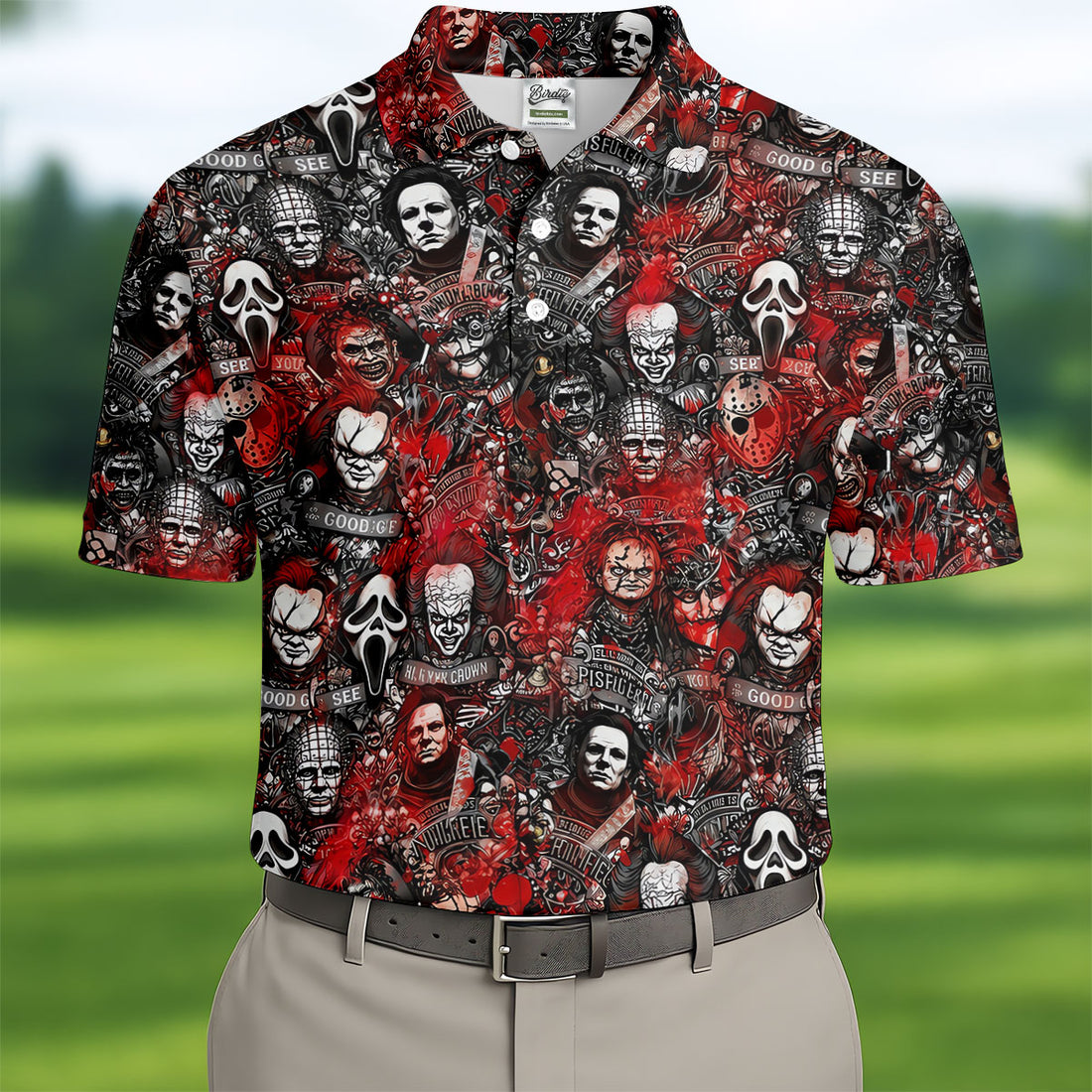 Red Horror Character Collage Halloween Golf Shirt, Men's Golf Shirt, Hawaiian Golf Shirt
