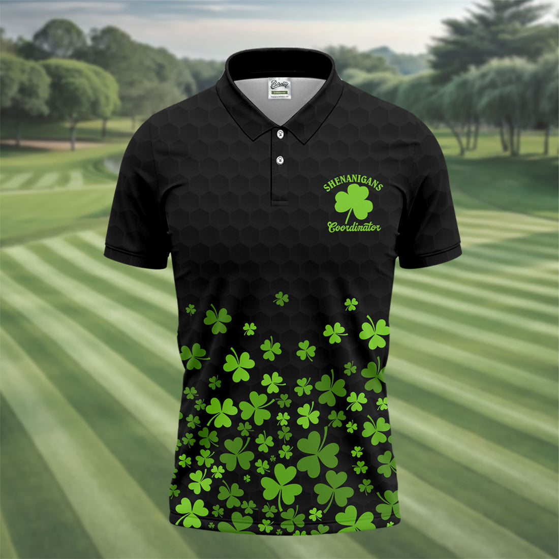 Shenanigans Coordinator Golf Ball Pattern St Patrick Day Black Golf Shirt, Golf Tops For Men, Golf Shirts For Men
